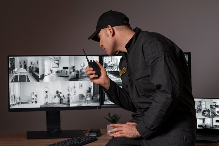 Security guard operating a radio near security monitoring screens